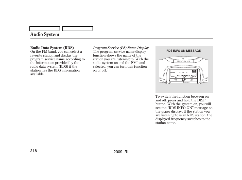 Audio system | Acura 2009 RL User Manual | Page 221 / 560