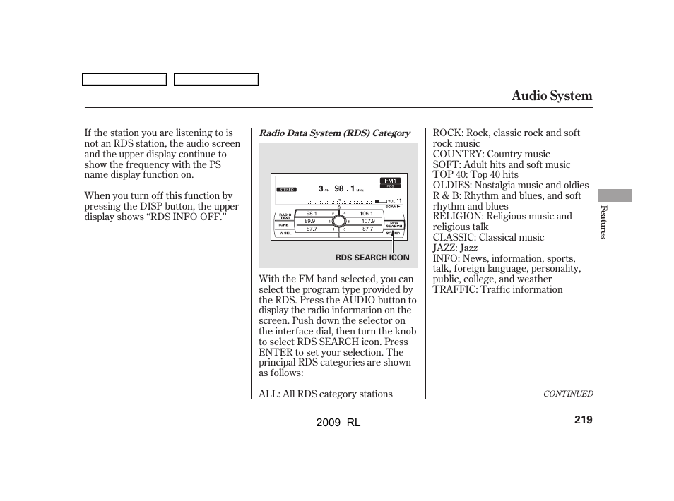 Audio system | Acura 2009 RL User Manual | Page 222 / 560