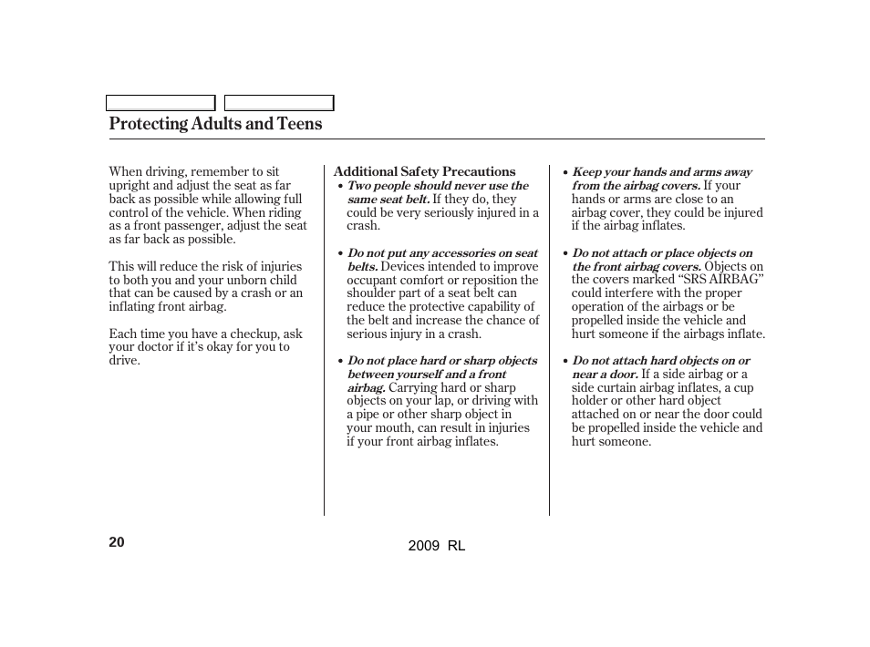 Protecting adults and teens | Acura 2009 RL User Manual | Page 23 / 560