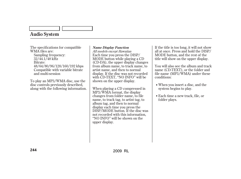 Audio system | Acura 2009 RL User Manual | Page 247 / 560