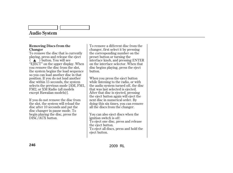 Audio system | Acura 2009 RL User Manual | Page 249 / 560