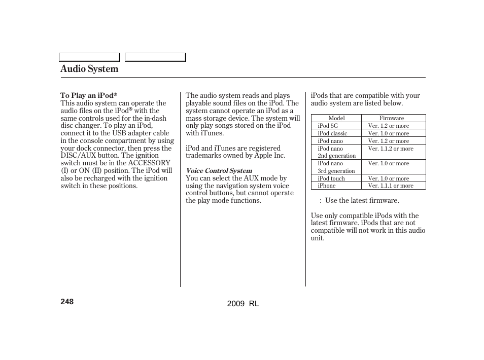 Audio system | Acura 2009 RL User Manual | Page 251 / 560