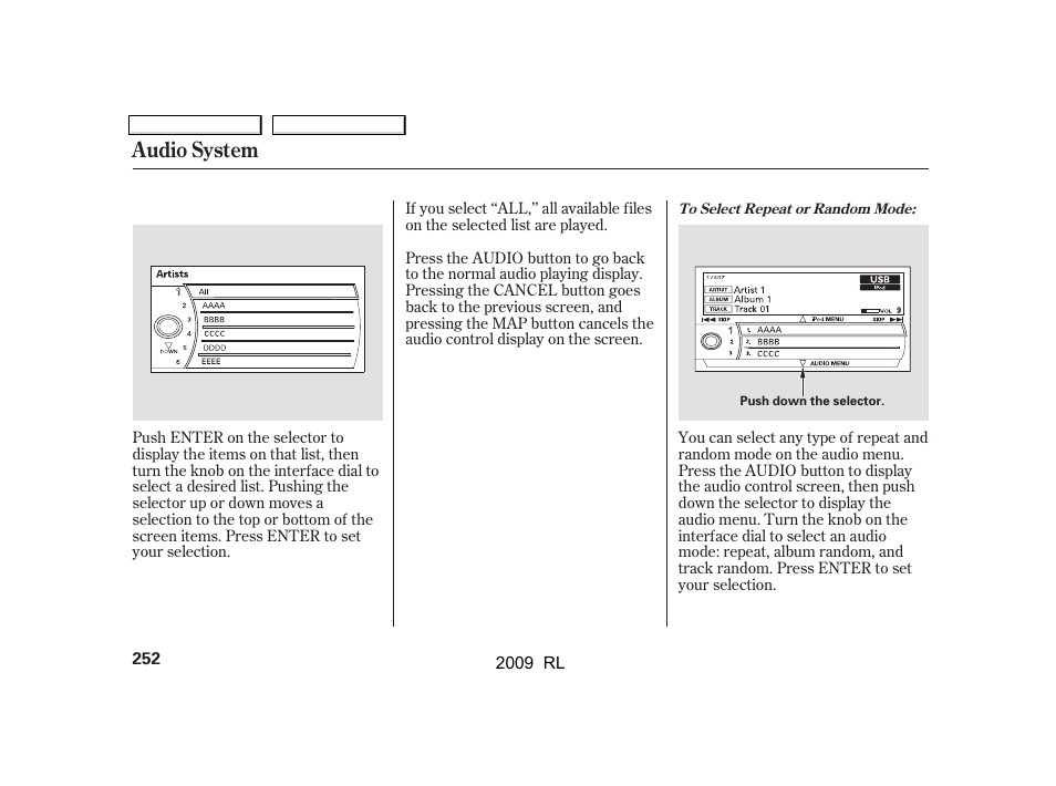 Audio system | Acura 2009 RL User Manual | Page 255 / 560