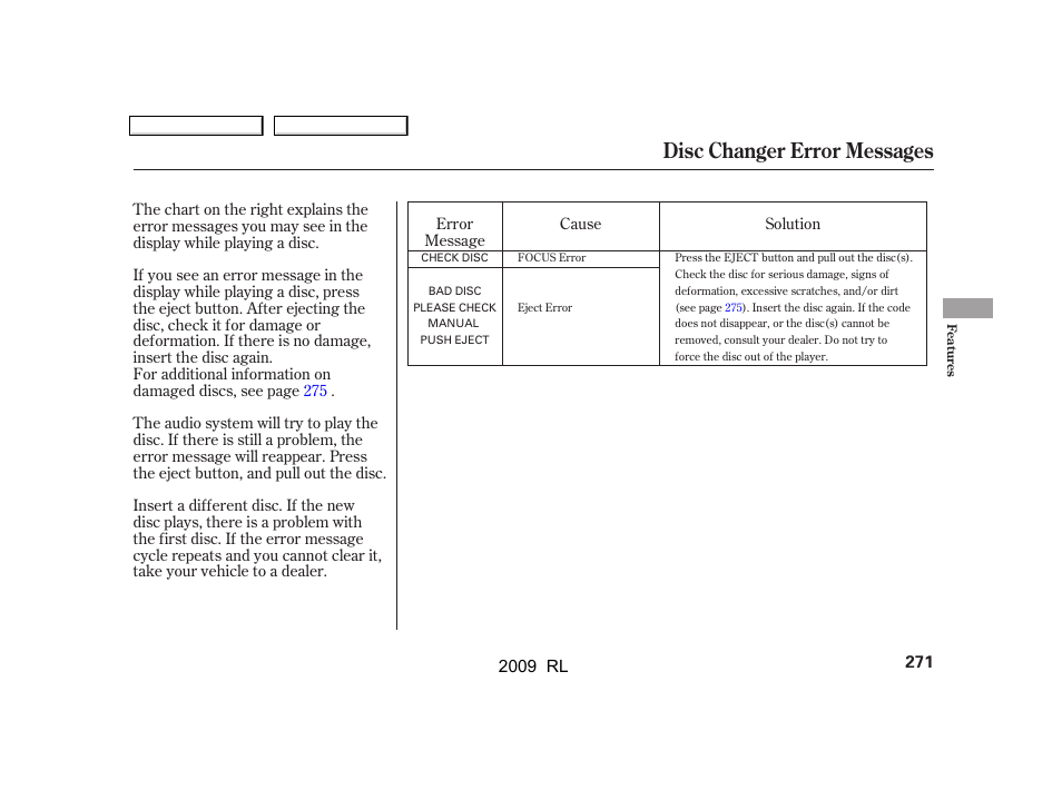 Disc changer error messages | Acura 2009 RL User Manual | Page 274 / 560