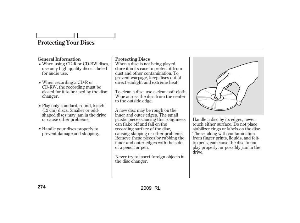 Protecting your discs | Acura 2009 RL User Manual | Page 277 / 560