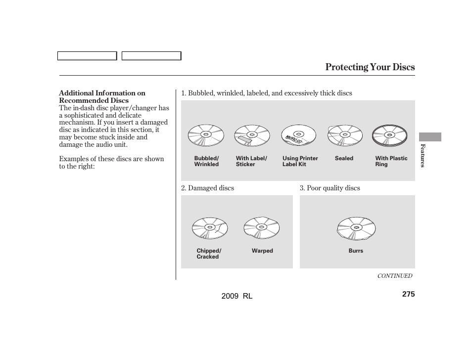Protecting your discs | Acura 2009 RL User Manual | Page 278 / 560