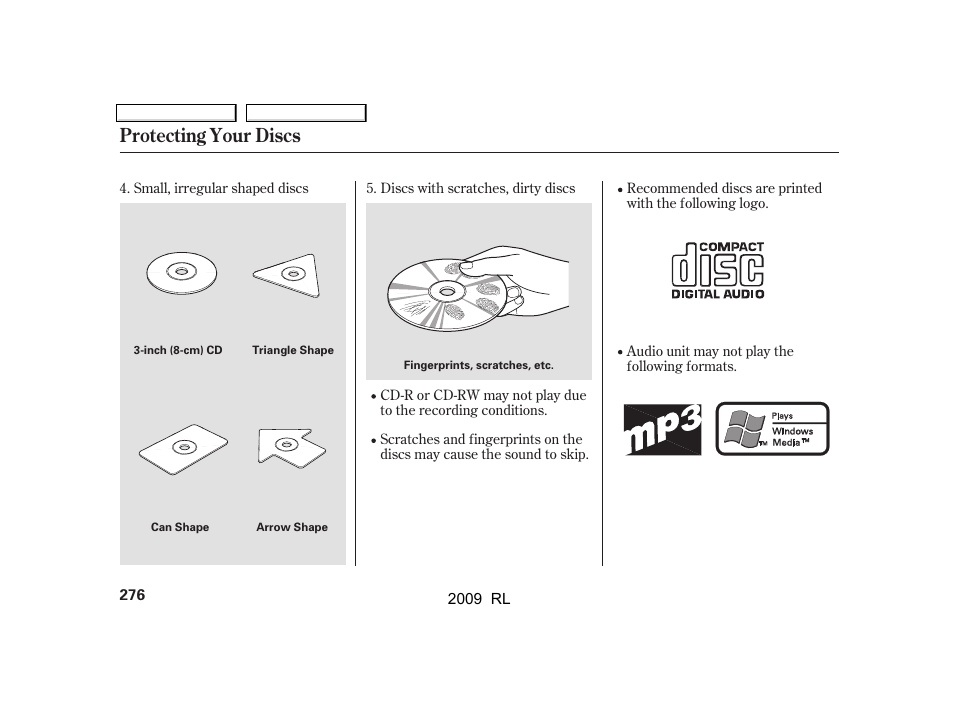 Protecting your discs | Acura 2009 RL User Manual | Page 279 / 560