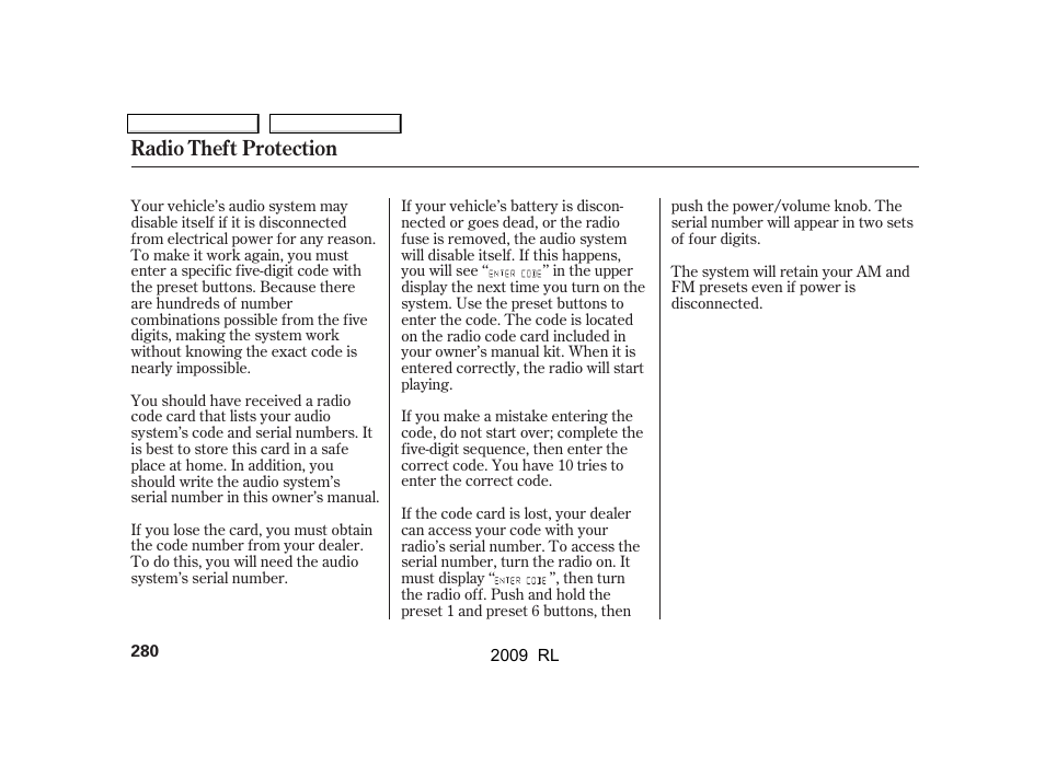 Radio theft protection | Acura 2009 RL User Manual | Page 283 / 560