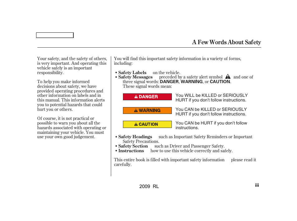 A few words about safety | Acura 2009 RL User Manual | Page 3 / 560