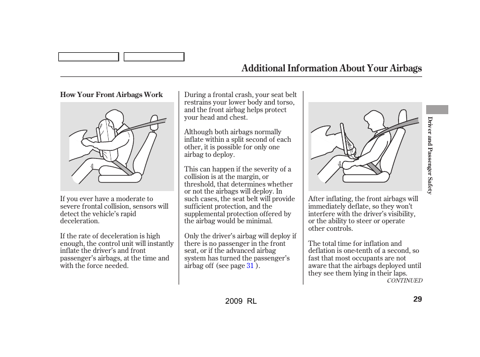 Additional information about your airbags | Acura 2009 RL User Manual | Page 32 / 560