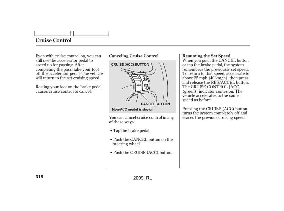 Cruise control | Acura 2009 RL User Manual | Page 321 / 560