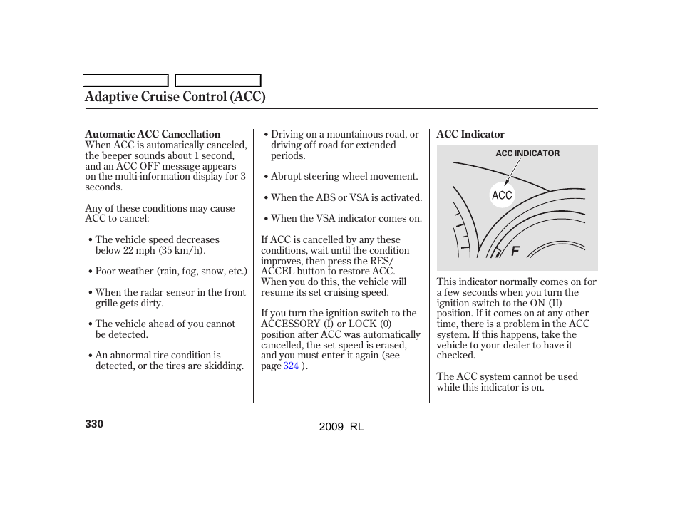 Adaptive cruise control (acc) | Acura 2009 RL User Manual | Page 333 / 560