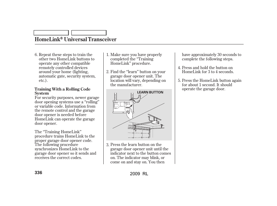 Homelink universal transceiver | Acura 2009 RL User Manual | Page 339 / 560
