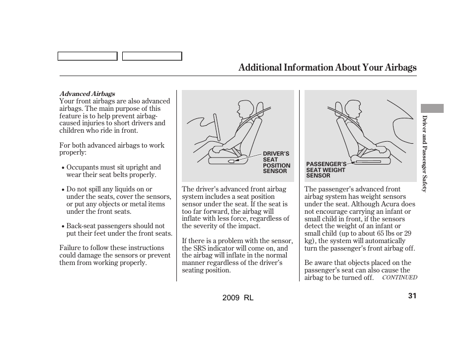 Additional information about your airbags | Acura 2009 RL User Manual | Page 34 / 560
