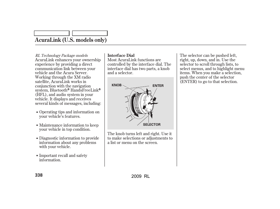 Acuralink (u.s. models only) | Acura 2009 RL User Manual | Page 341 / 560