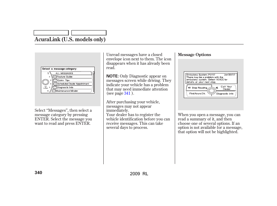 Acuralink (u.s. models only) | Acura 2009 RL User Manual | Page 343 / 560
