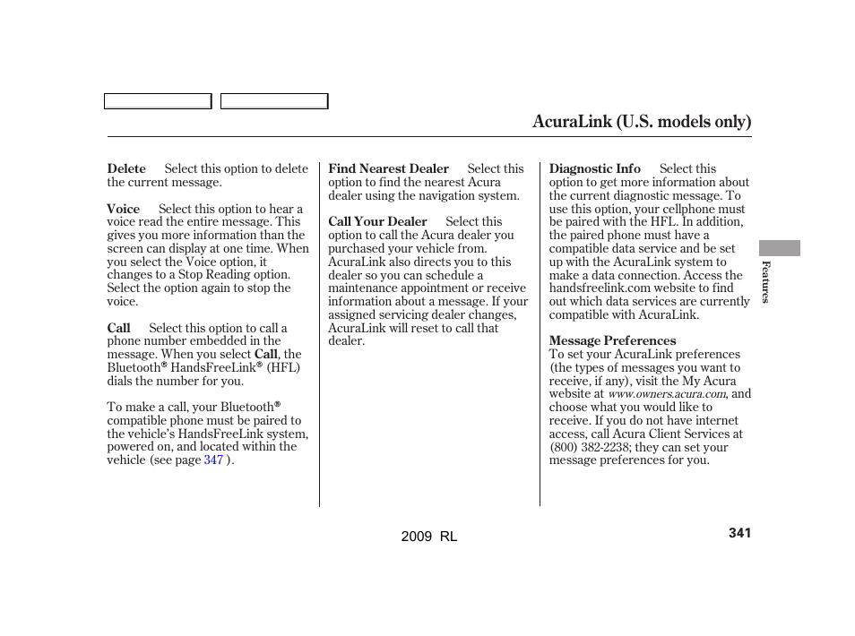 Acuralink (u.s. models only) | Acura 2009 RL User Manual | Page 344 / 560