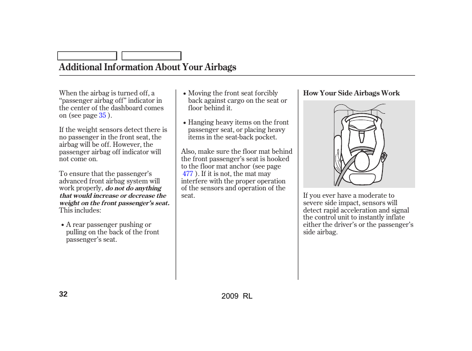 Additional information about your airbags | Acura 2009 RL User Manual | Page 35 / 560