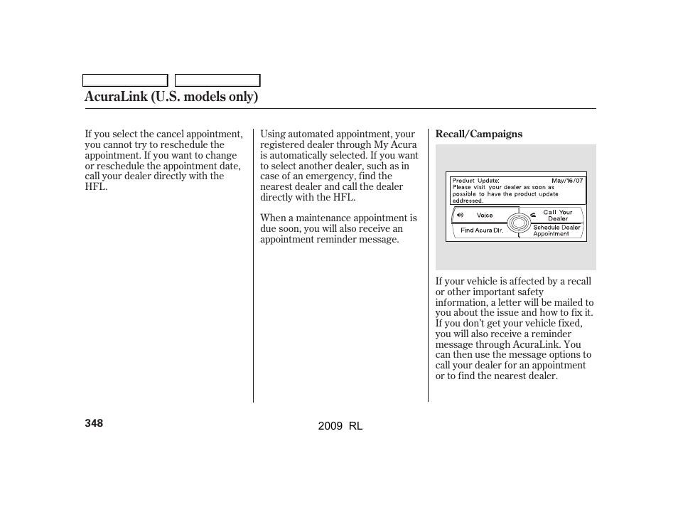 Acuralink (u.s. models only) | Acura 2009 RL User Manual | Page 351 / 560