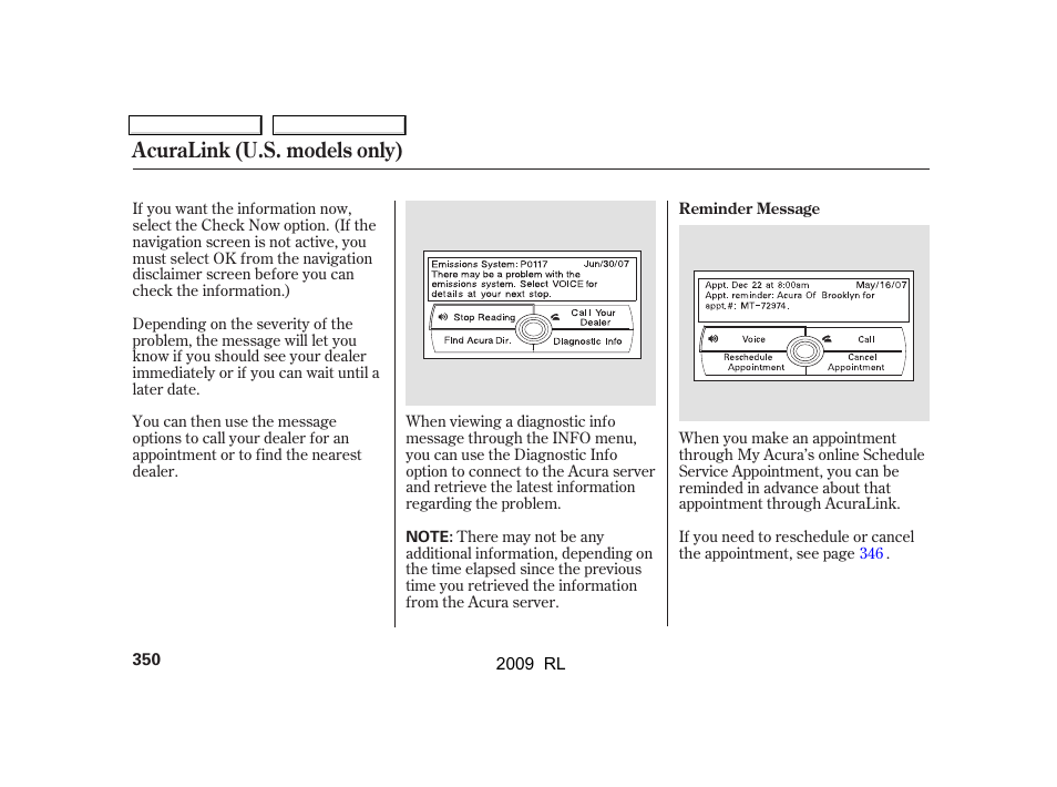 Acuralink (u.s. models only) | Acura 2009 RL User Manual | Page 353 / 560