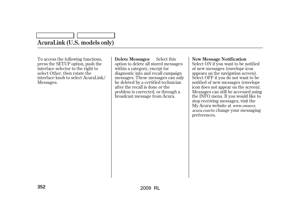 Acuralink (u.s. models only) | Acura 2009 RL User Manual | Page 355 / 560