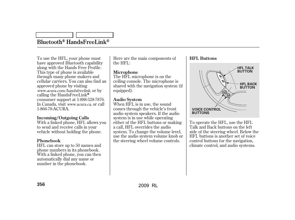 Bluetooth handsfreelink | Acura 2009 RL User Manual | Page 359 / 560