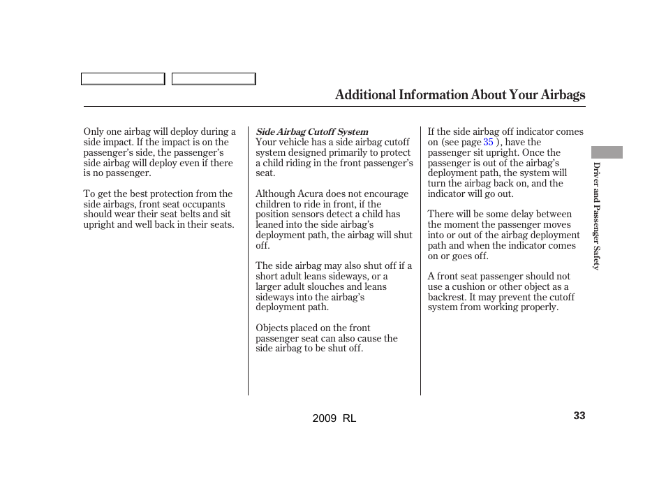 Additional information about your airbags | Acura 2009 RL User Manual | Page 36 / 560