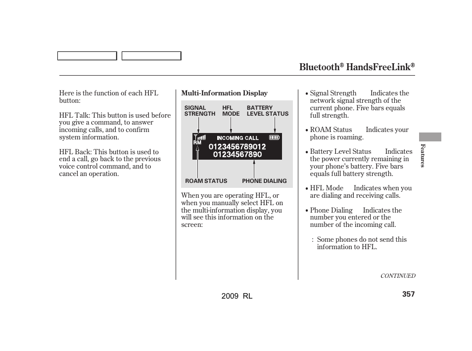 Bluetooth handsfreelink | Acura 2009 RL User Manual | Page 360 / 560