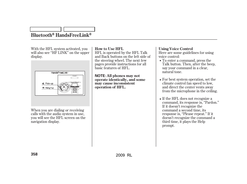 Bluetooth handsfreelink | Acura 2009 RL User Manual | Page 361 / 560