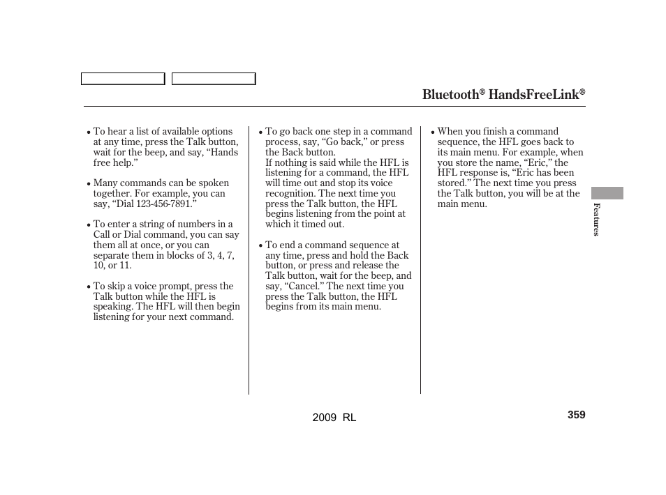 Bluetooth handsfreelink | Acura 2009 RL User Manual | Page 362 / 560