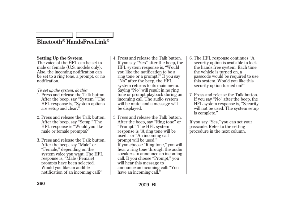Bluetooth handsfreelink | Acura 2009 RL User Manual | Page 363 / 560