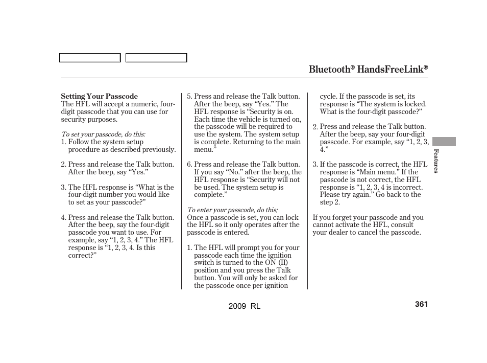 Bluetooth handsfreelink | Acura 2009 RL User Manual | Page 364 / 560