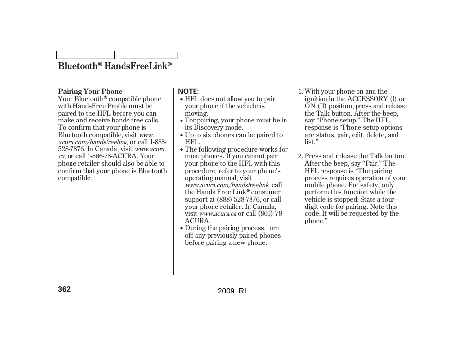 Bluetooth handsfreelink | Acura 2009 RL User Manual | Page 365 / 560