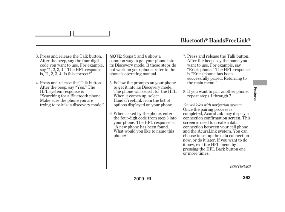 Bluetooth handsfreelink | Acura 2009 RL User Manual | Page 366 / 560