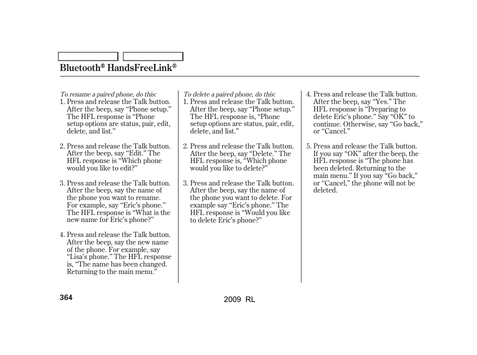 Bluetooth handsfreelink | Acura 2009 RL User Manual | Page 367 / 560
