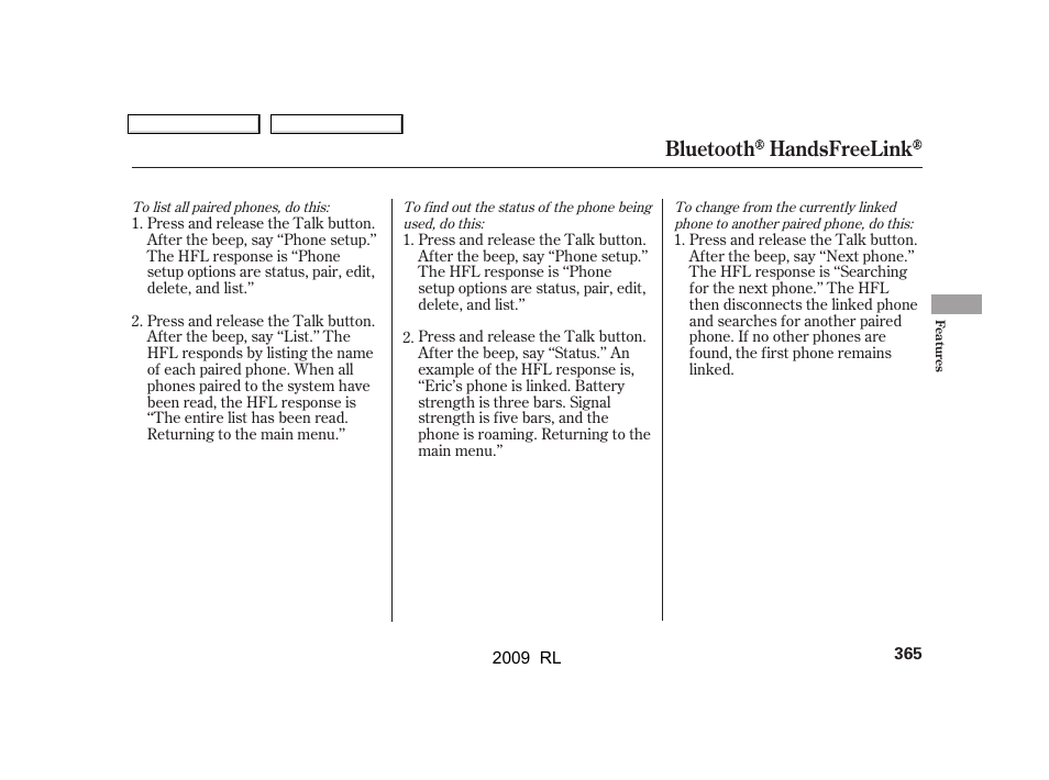 Bluetooth handsfreelink | Acura 2009 RL User Manual | Page 368 / 560