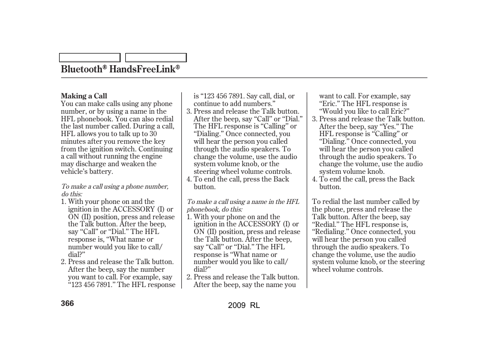 Bluetooth handsfreelink | Acura 2009 RL User Manual | Page 369 / 560