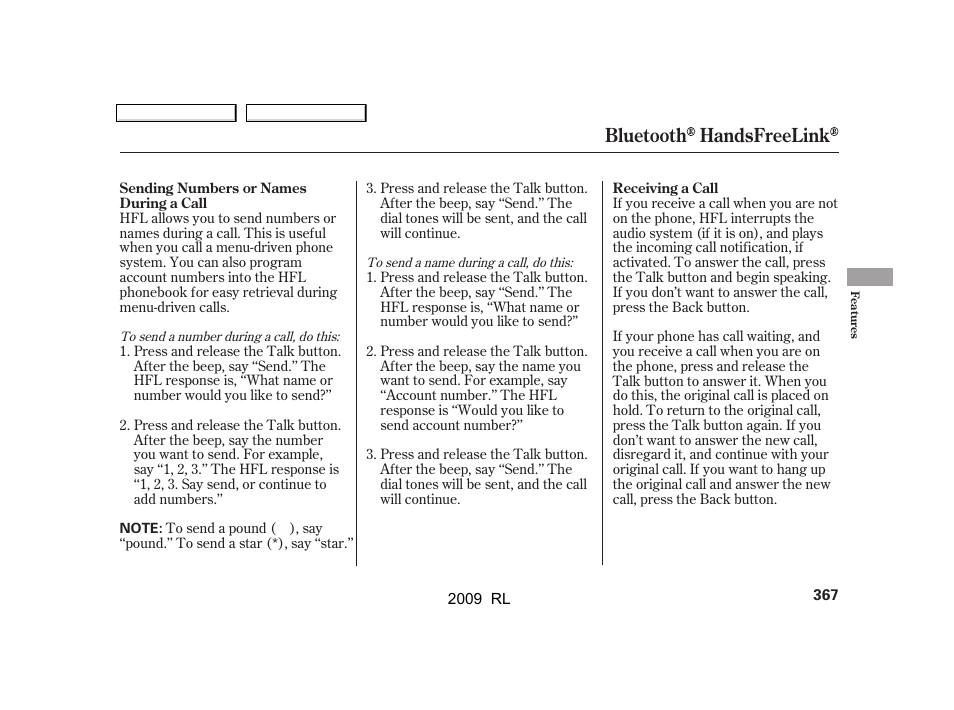 Bluetooth handsfreelink | Acura 2009 RL User Manual | Page 370 / 560