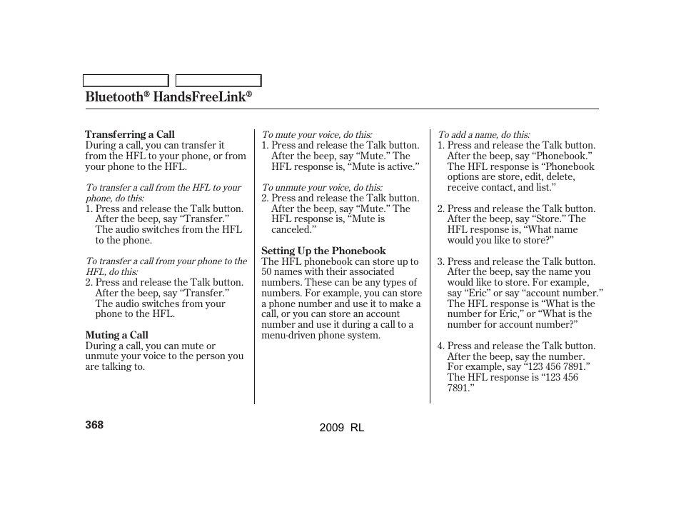 Bluetooth handsfreelink | Acura 2009 RL User Manual | Page 371 / 560