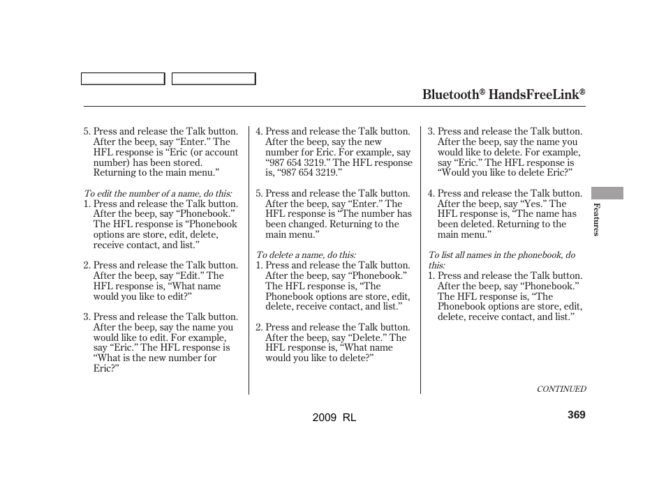 Bluetooth handsfreelink | Acura 2009 RL User Manual | Page 372 / 560