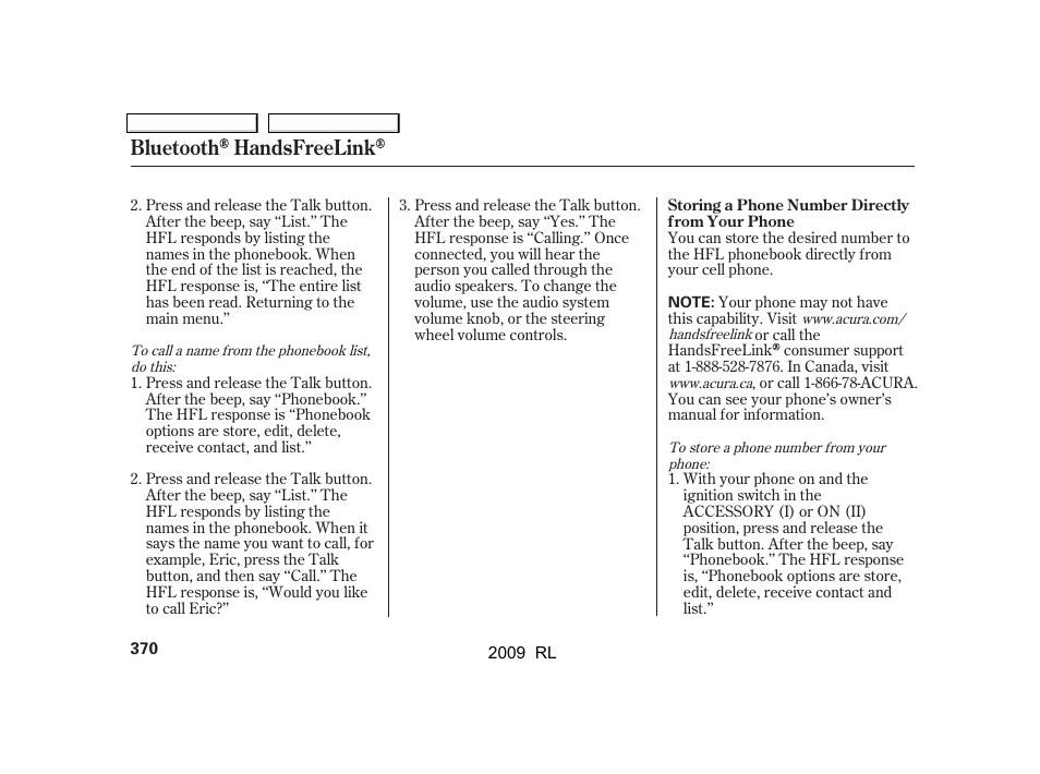 Bluetooth handsfreelink | Acura 2009 RL User Manual | Page 373 / 560