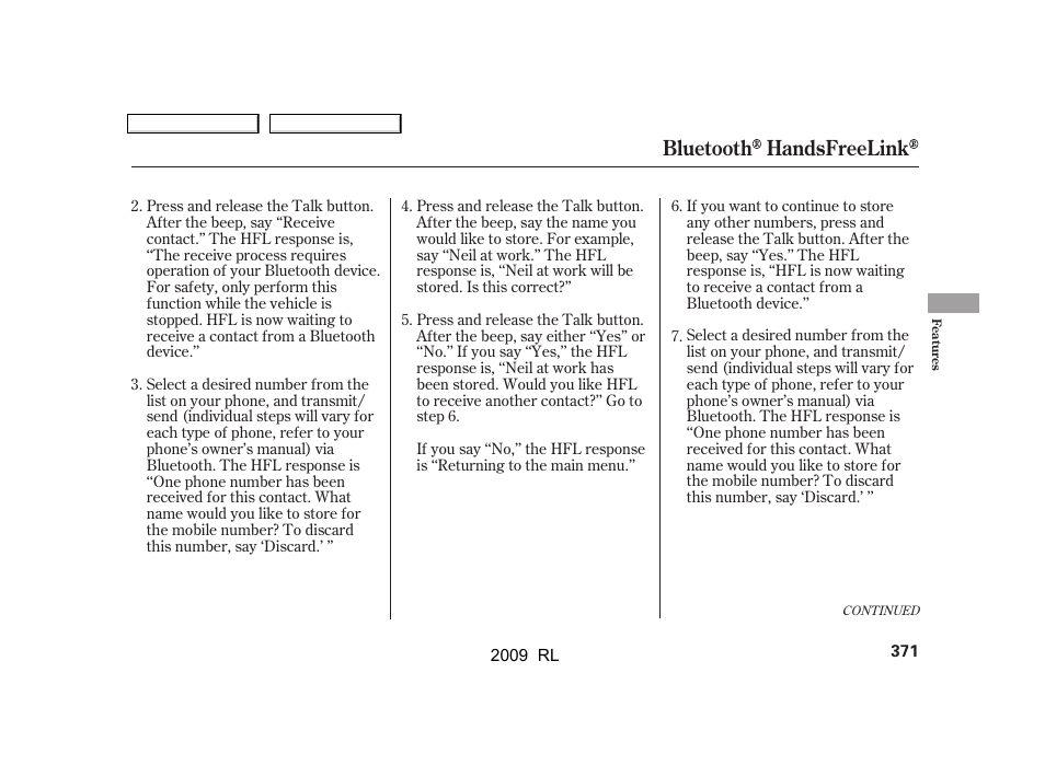 Bluetooth handsfreelink | Acura 2009 RL User Manual | Page 374 / 560
