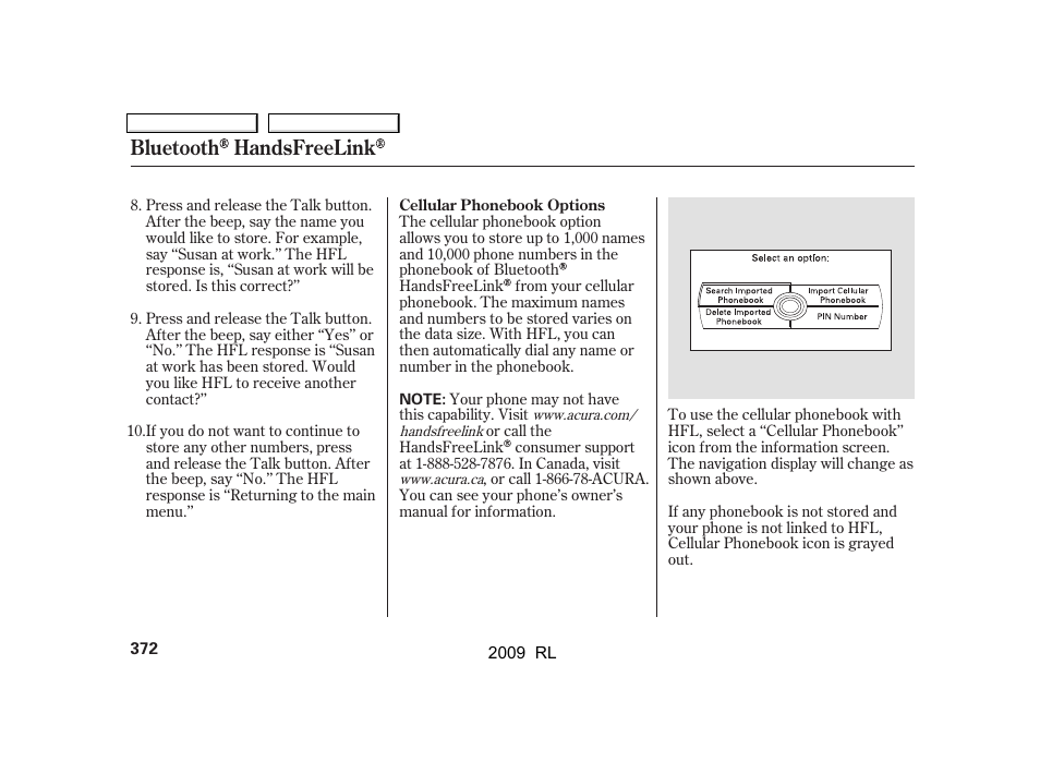 Bluetooth handsfreelink | Acura 2009 RL User Manual | Page 375 / 560