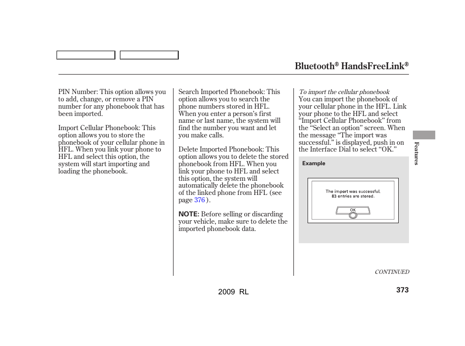 Bluetooth handsfreelink | Acura 2009 RL User Manual | Page 376 / 560