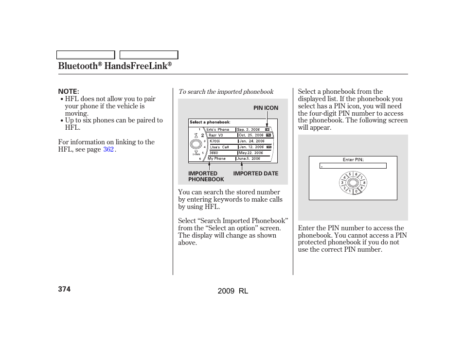 Bluetooth handsfreelink | Acura 2009 RL User Manual | Page 377 / 560