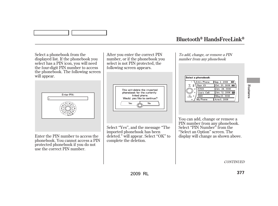 Bluetooth handsfreelink | Acura 2009 RL User Manual | Page 380 / 560