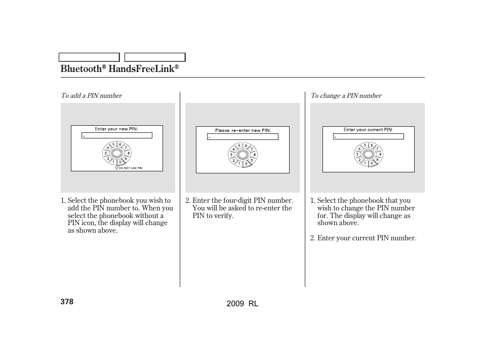 Bluetooth handsfreelink | Acura 2009 RL User Manual | Page 381 / 560