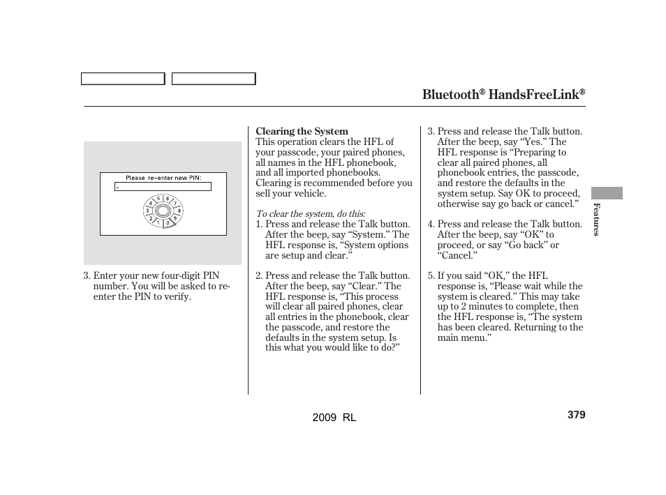 Bluetooth handsfreelink | Acura 2009 RL User Manual | Page 382 / 560