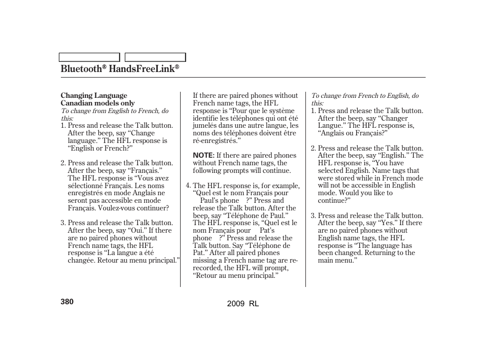 Bluetooth handsfreelink | Acura 2009 RL User Manual | Page 383 / 560