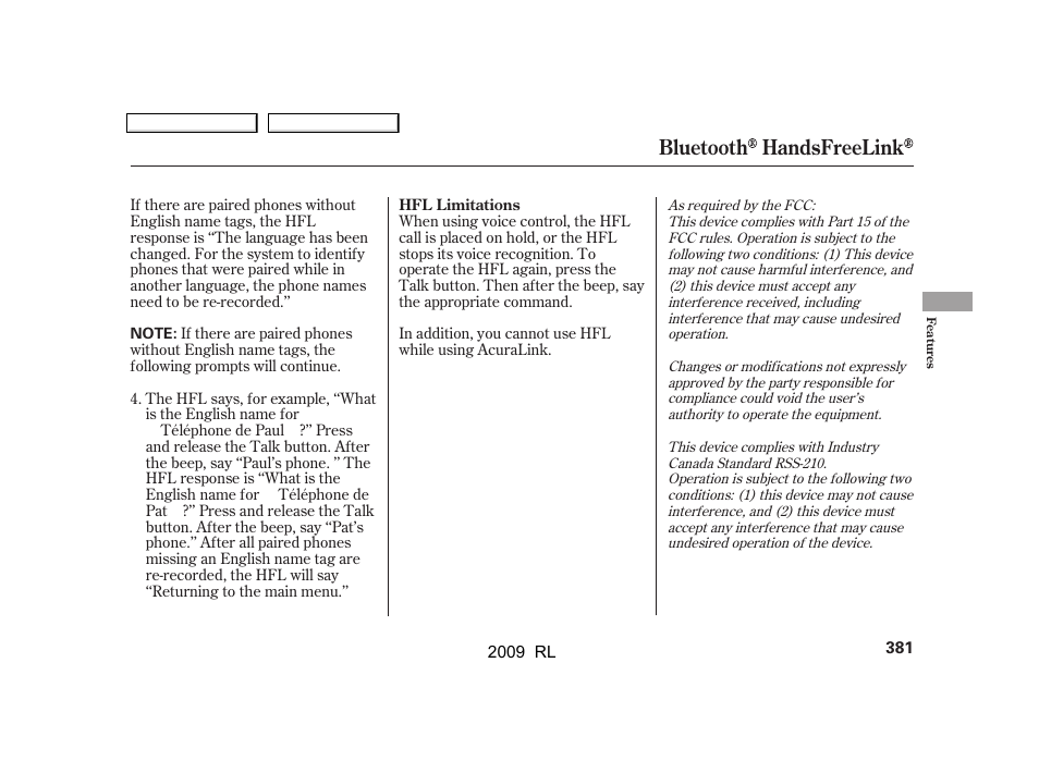 Bluetooth handsfreelink | Acura 2009 RL User Manual | Page 384 / 560